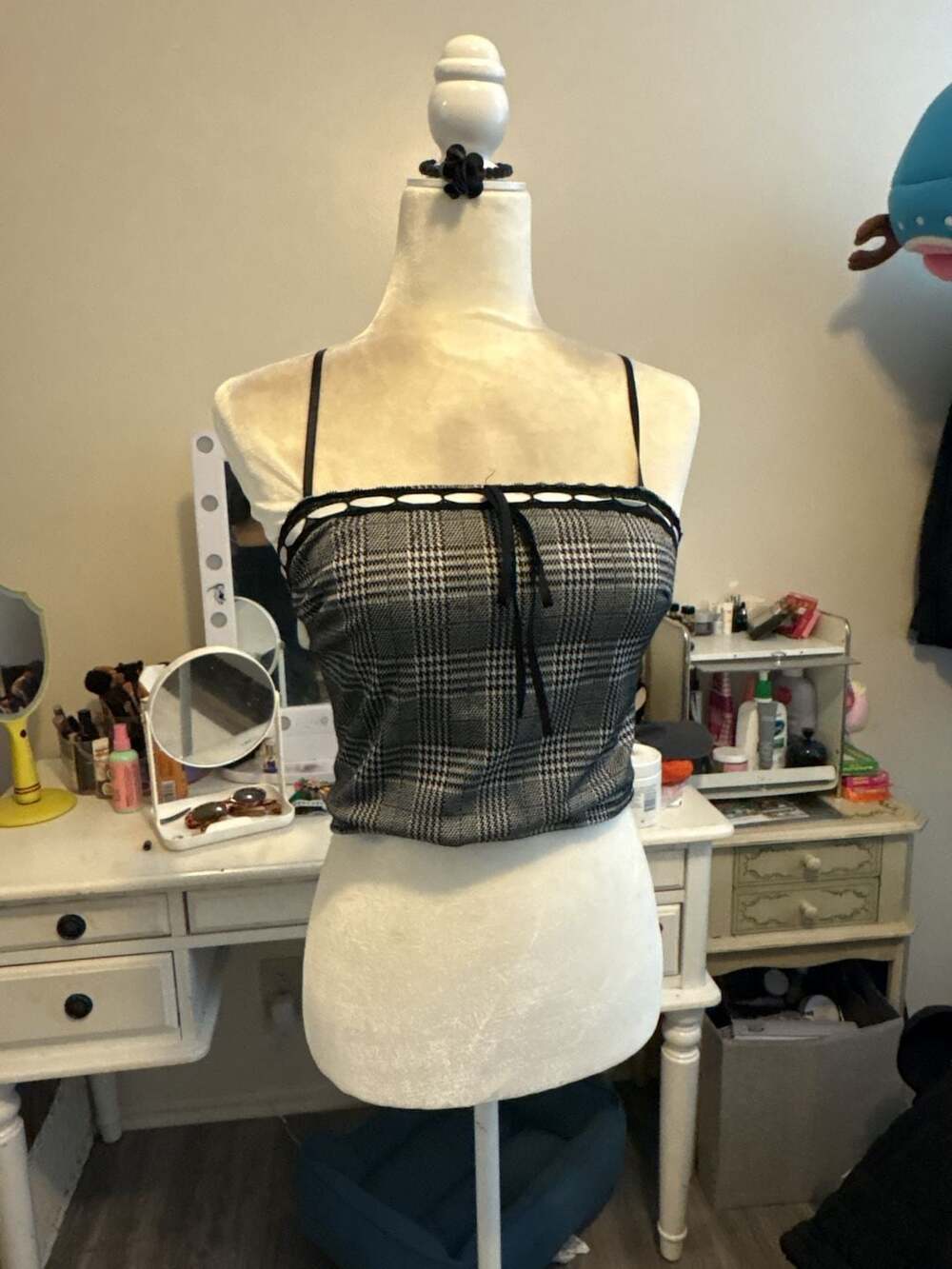 7DAY WKND Gray and Black Plaid Checkered Spaghetti Strap Crop Top with Lace Trim